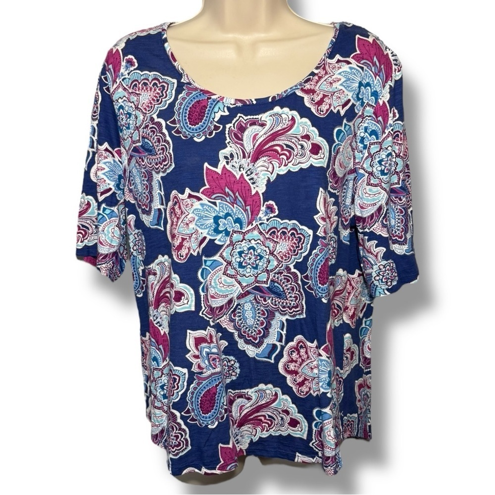 Chico's Women’s Elbow Sleeve Floral Outline Tee Blue Pink Size Large